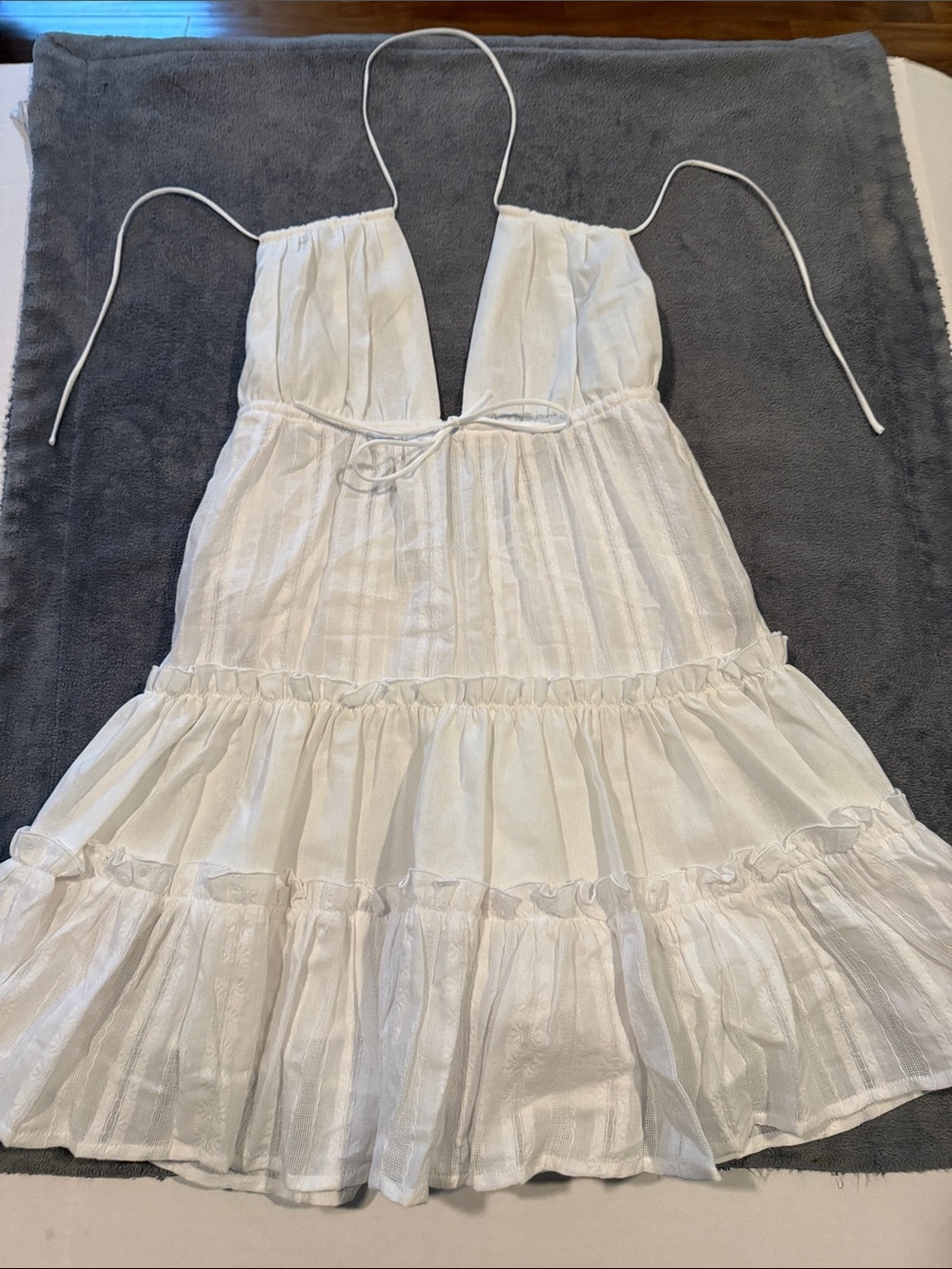 Princess Polly Boho White Halter Tie-Back Tiered Mini Dress with Open Back